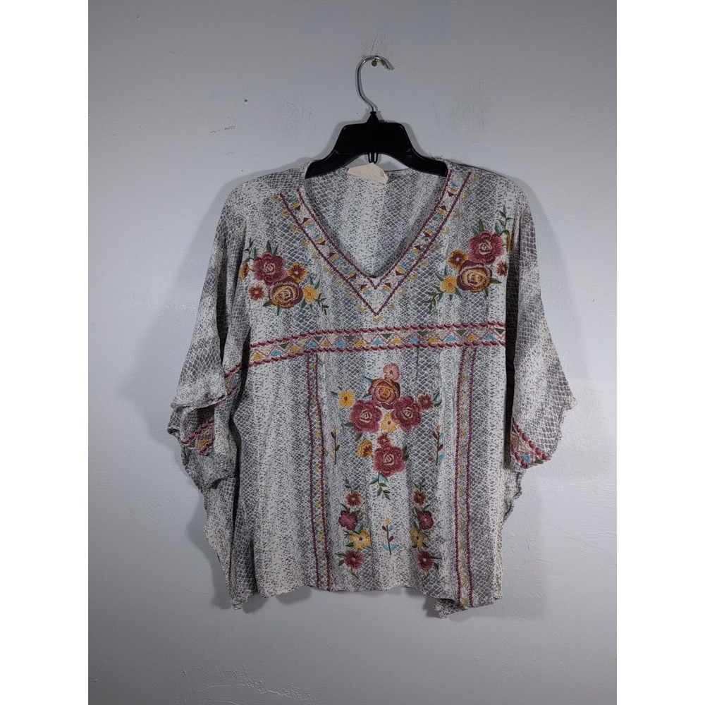 Savannah Jane Floral Embroidered Python Snake Skin Print Top Blouse Tunic S/M